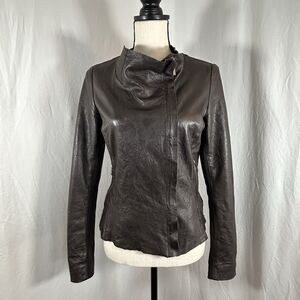 Cigno Nero Real Leather Jacket EU 38 XS S Dark Brown Draped Collar Stretch Panel